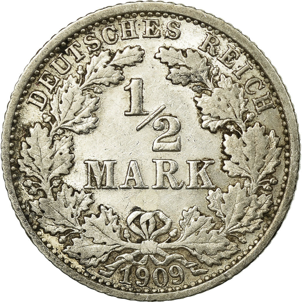 Coin, GERMANY - EMPIRE, 1/2 Mark, 1909, Stuttgart, EF(40-45), Silver, KM:17