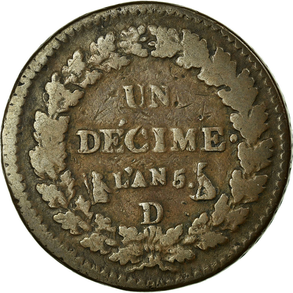 Munten, Frankrijk, Dupré, Decime, 1796, Lyon, ZG+, Bronze, KM:645.5