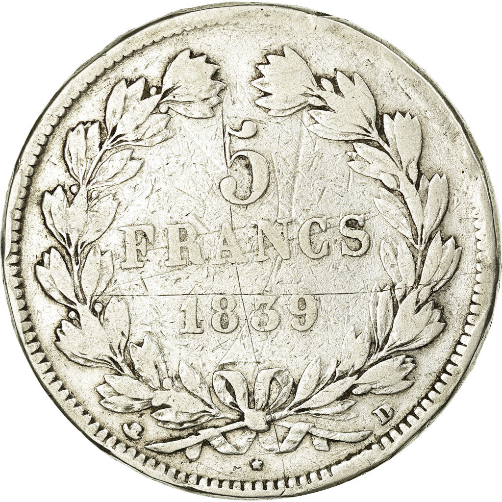 Moneta, Francia, Louis-Philippe, 5 Francs, 1839, Lyon, B+, Argento, KM:749.4