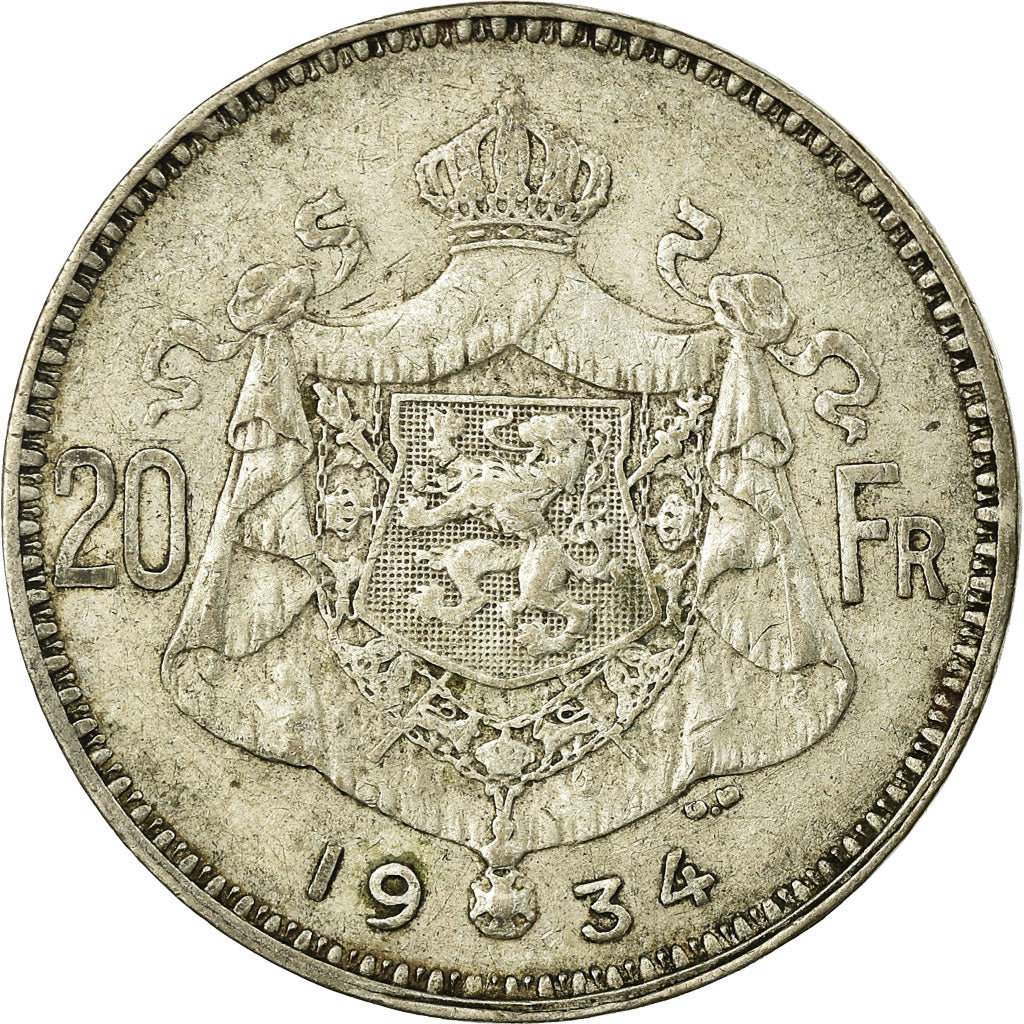 Coin, Belgium, 20 Francs, 20 Frank, 1934, EF(40-45), Silver, KM:103.1
