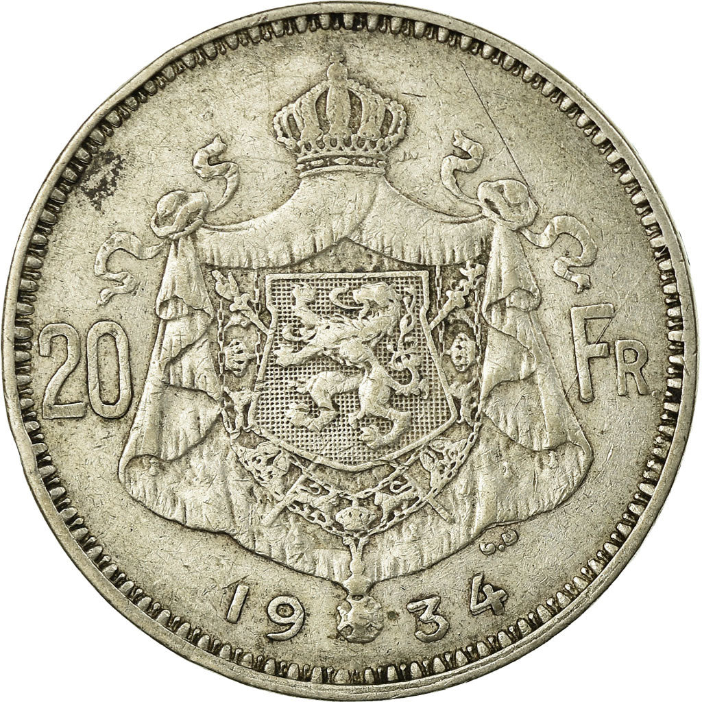 Coin, Belgium, 20 Francs, 20 Frank, 1934, EF(40-45), Silver, KM:103.1