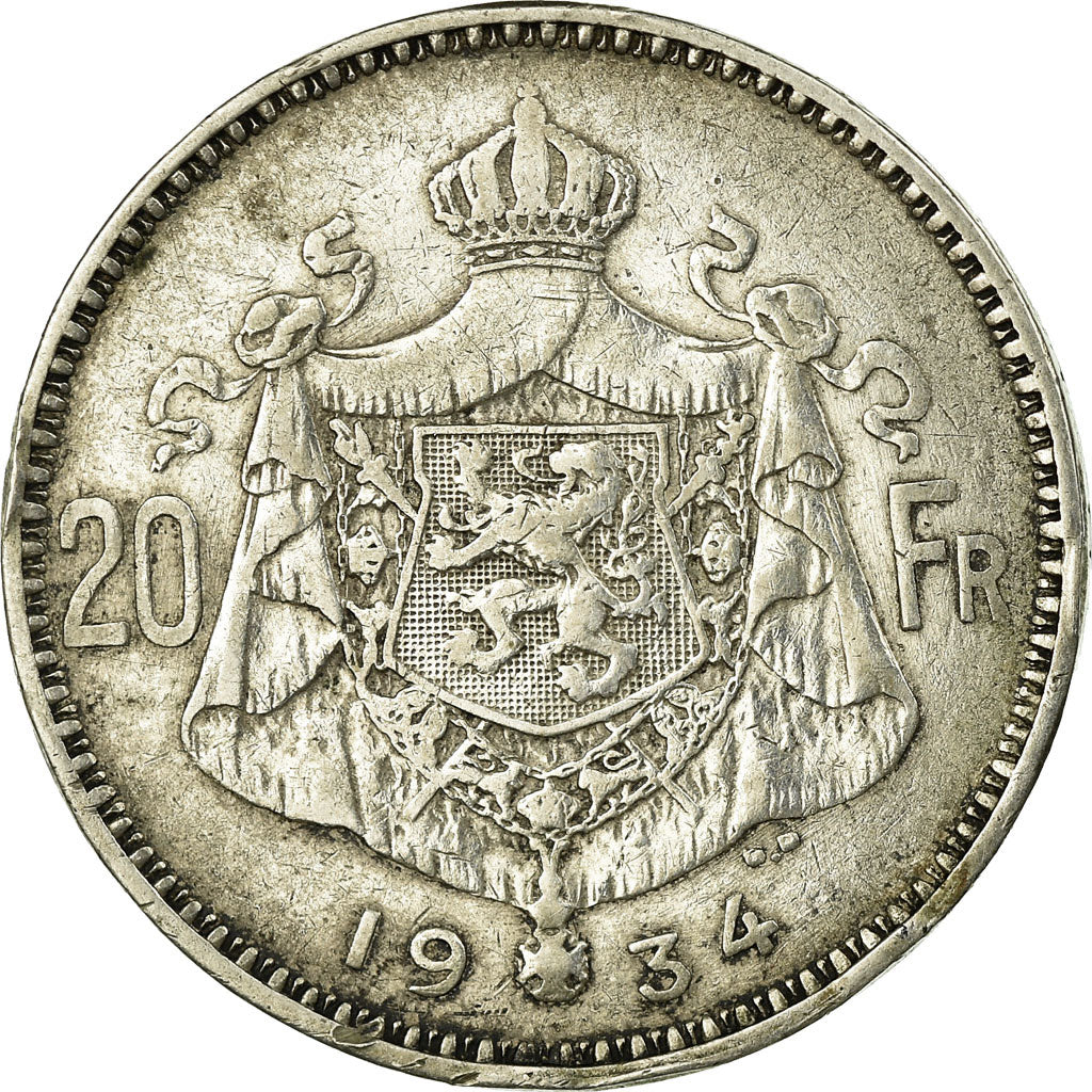 Coin, Belgium, 20 Francs, 20 Frank, 1934, EF(40-45), Silver, KM:103.1