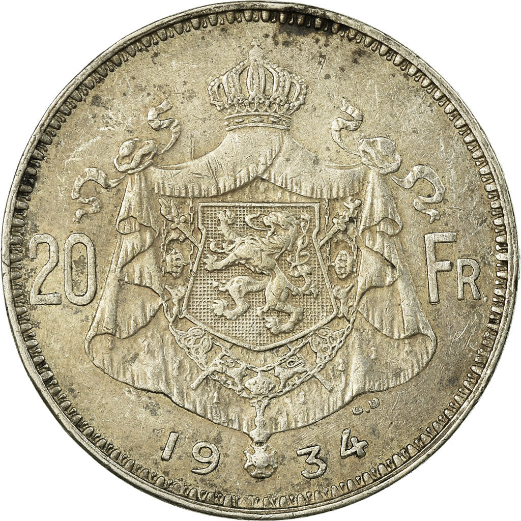 Coin, Belgium, 20 Francs, 20 Frank, 1934, EF(40-45), Silver, KM:103.1