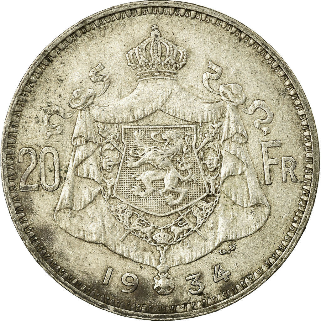 Coin, Belgium, 20 Francs, 20 Frank, 1934, EF(40-45), Silver, KM:103.1