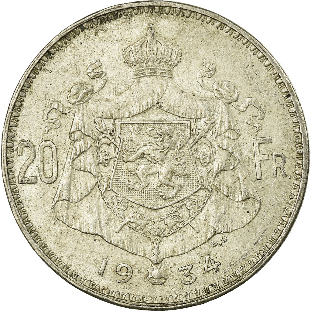 Coin, Belgium, 20 Francs, 20 Frank, 1934, EF(40-45), Silver, KM:103.1