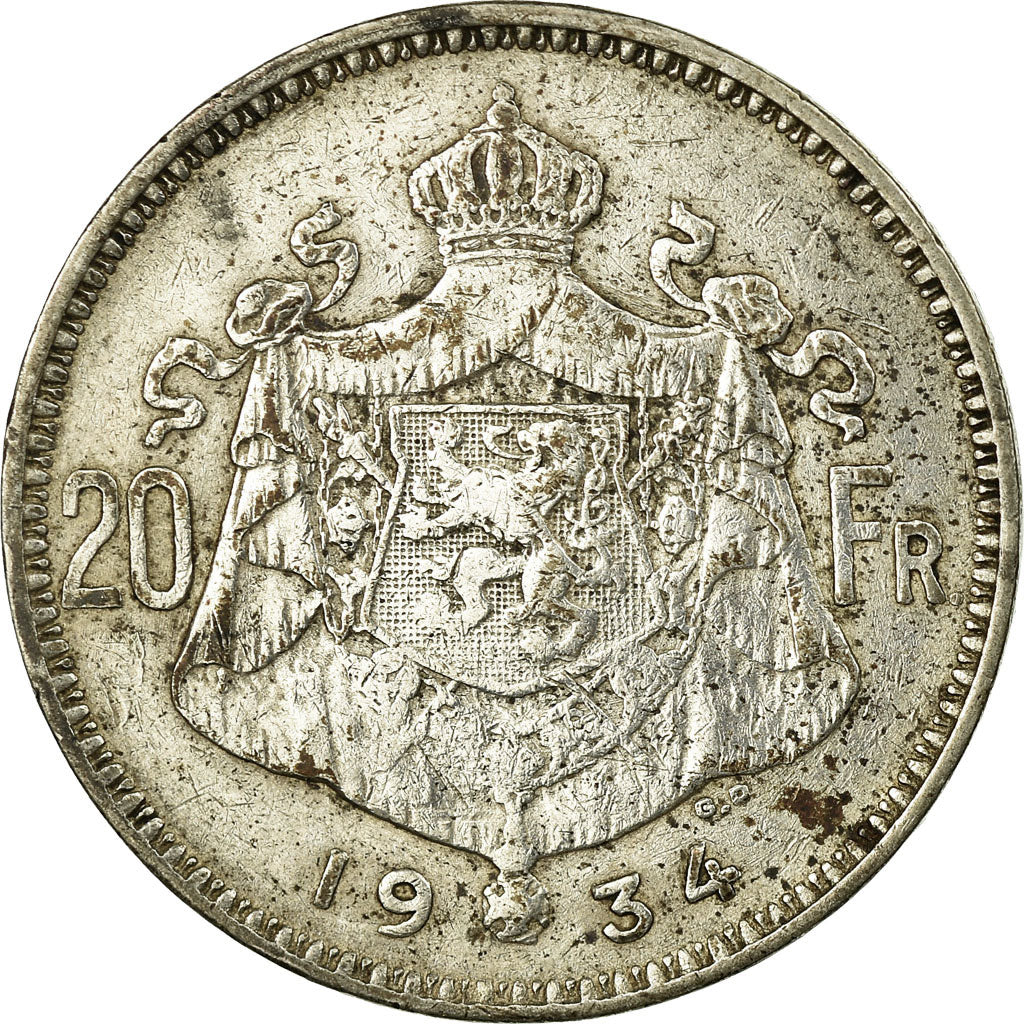 Coin, Belgium, 20 Francs, 20 Frank, 1934, EF(40-45), Silver, KM:104.1