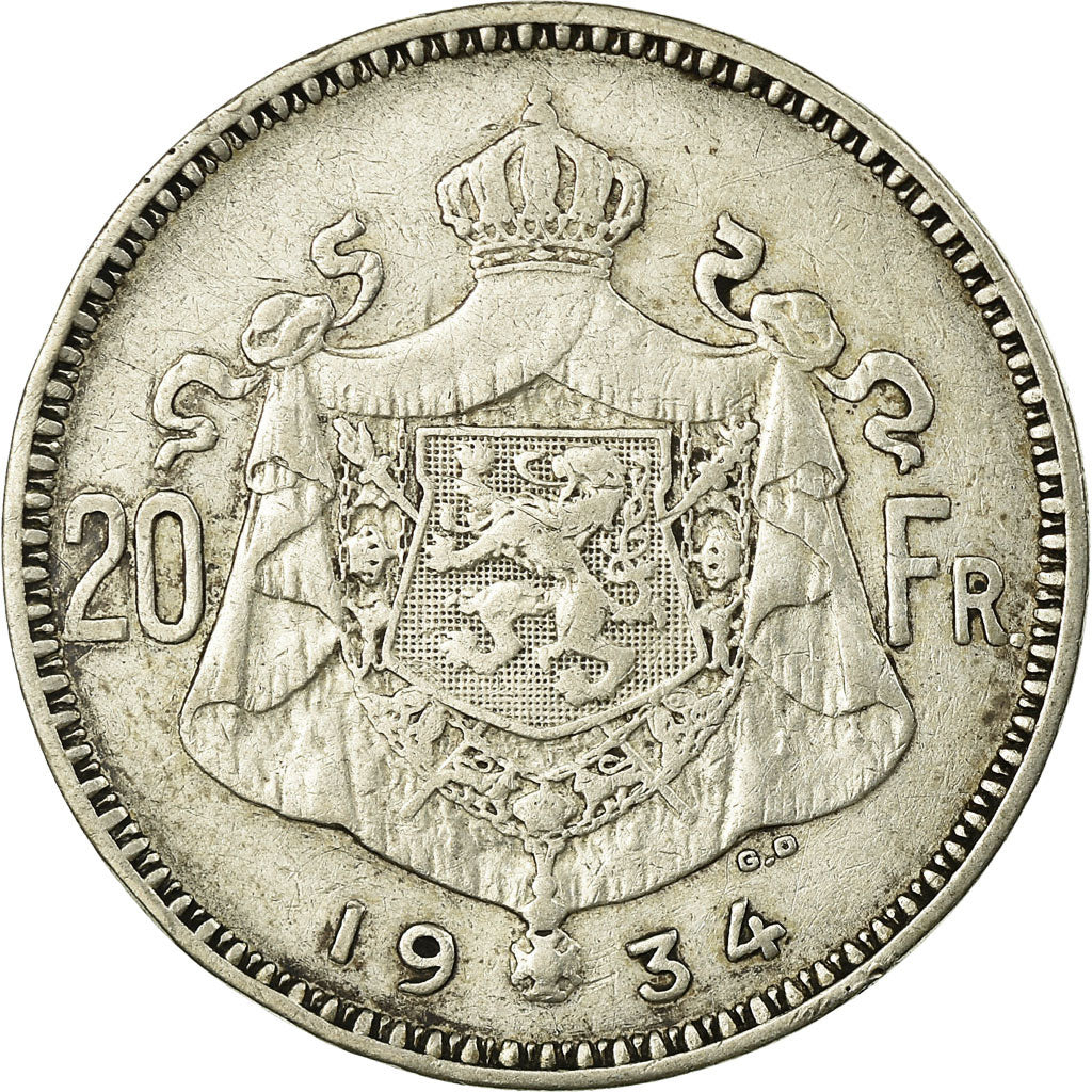 Coin, Belgium, 20 Francs, 20 Frank, 1934, EF(40-45), Silver, KM:104.1