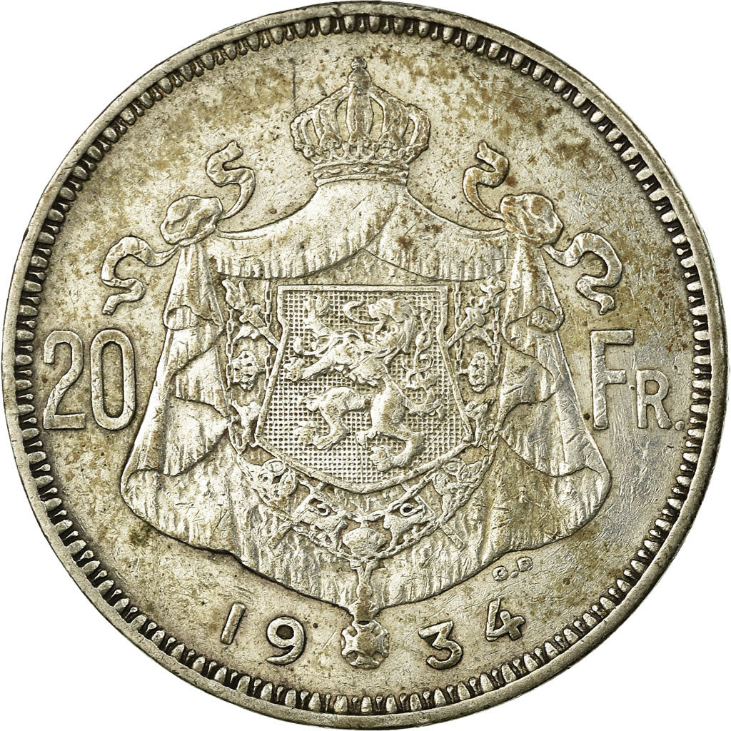 Coin, Belgium, 20 Francs, 20 Frank, 1934, EF(40-45), Silver, KM:104.1