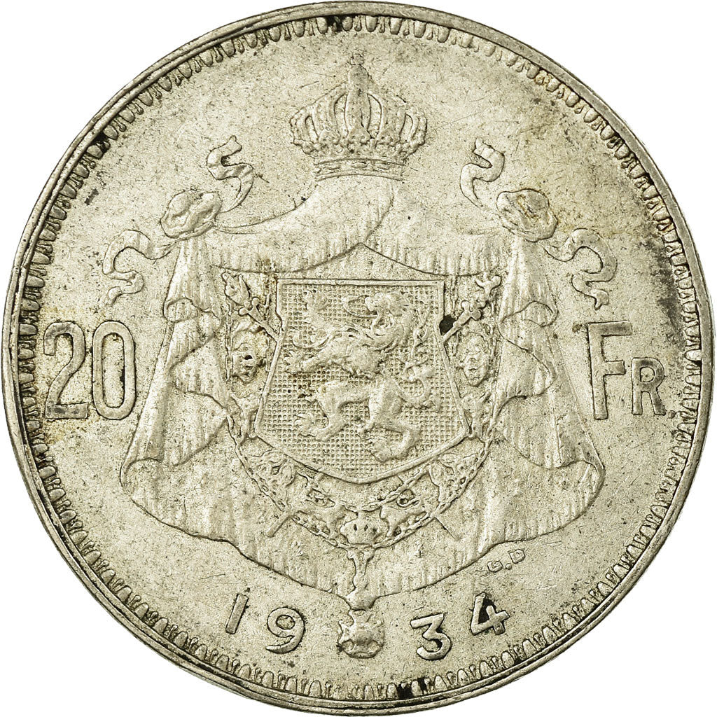 Coin, Belgium, 20 Francs, 20 Frank, 1934, EF(40-45), Silver, KM:104.1