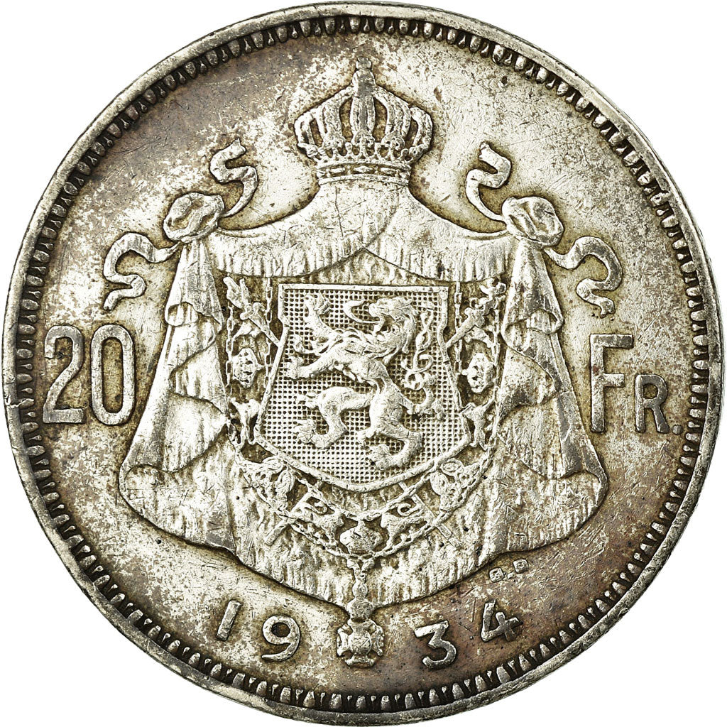 Coin, Belgium, 20 Francs, 20 Frank, 1934, EF(40-45), Silver, KM:104.1