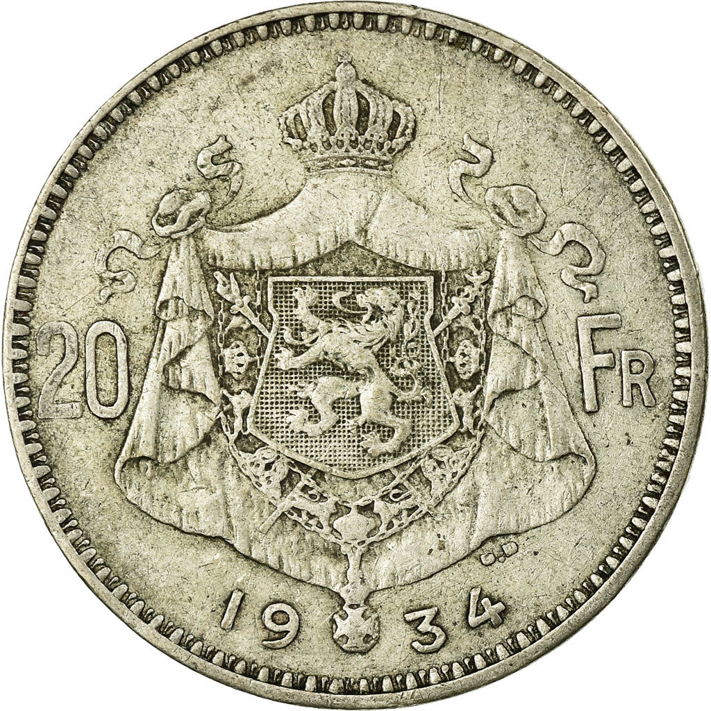 Coin, Belgium, 20 Francs, 20 Frank, 1934, EF(40-45), Silver, KM:104.1