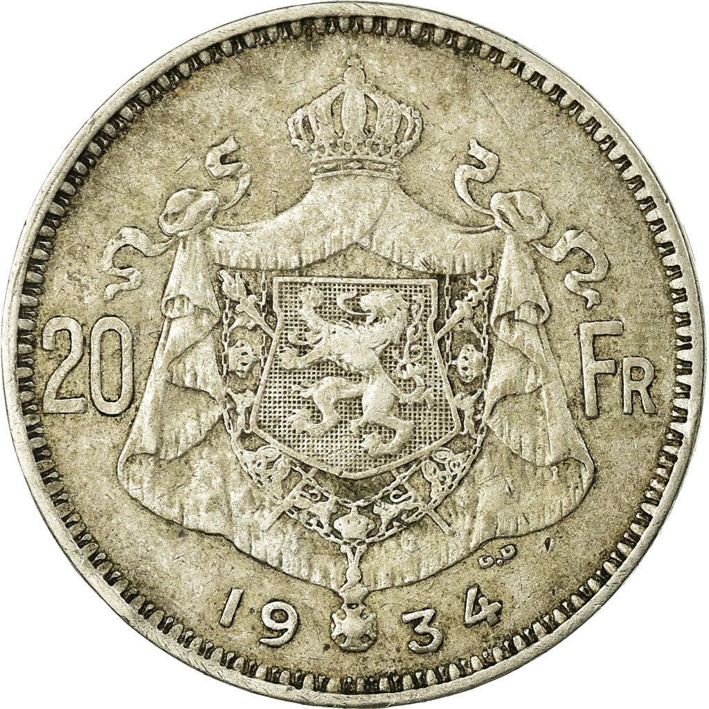 Coin, Belgium, 20 Francs, 20 Frank, 1934, EF(40-45), Silver, KM:104.1