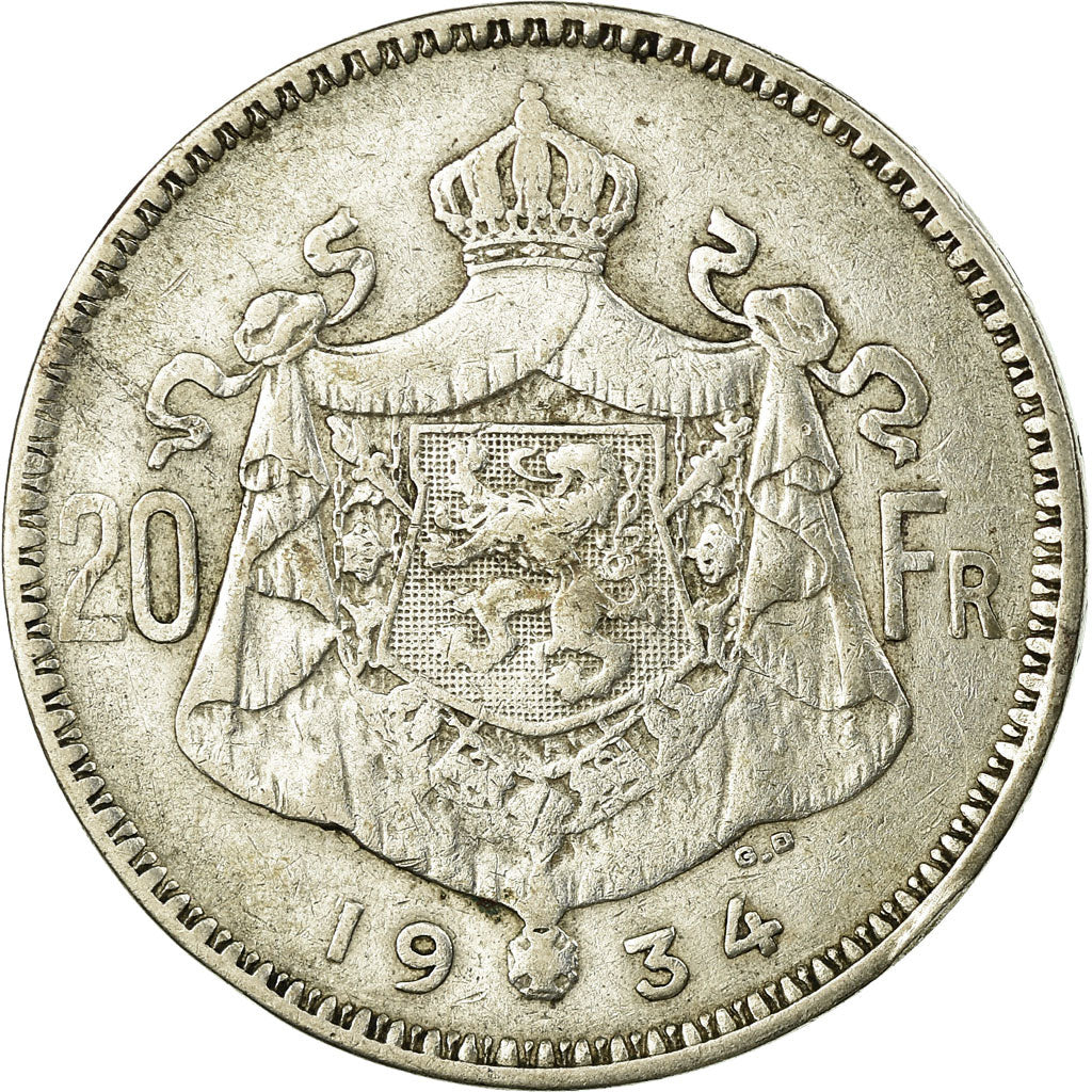 Coin, Belgium, 20 Francs, 20 Frank, 1934, EF(40-45), Silver, KM:104.1