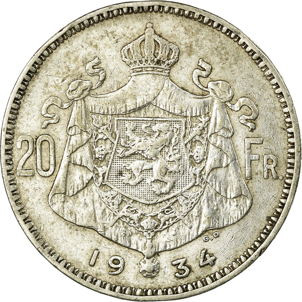 Coin, Belgium, 20 Francs, 20 Frank, 1934, EF(40-45), Silver, KM:104.1