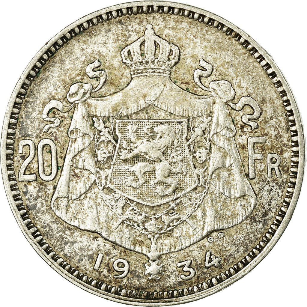 Coin, Belgium, 20 Francs, 20 Frank, 1934, EF(40-45), Silver, KM:104.1