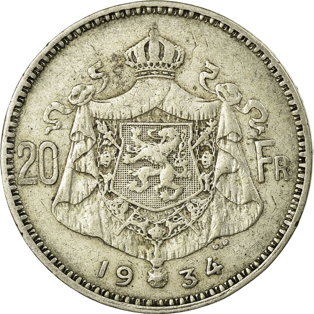 Coin, Belgium, 20 Francs, 20 Frank, 1934, EF(40-45), Silver, KM:104.1