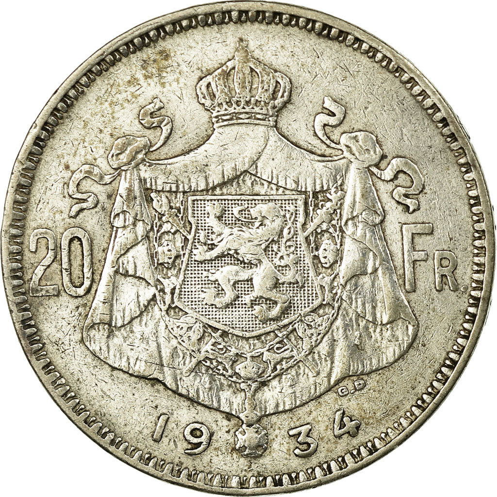 Coin, Belgium, 20 Francs, 20 Frank, 1934, EF(40-45), Silver, KM:104.1