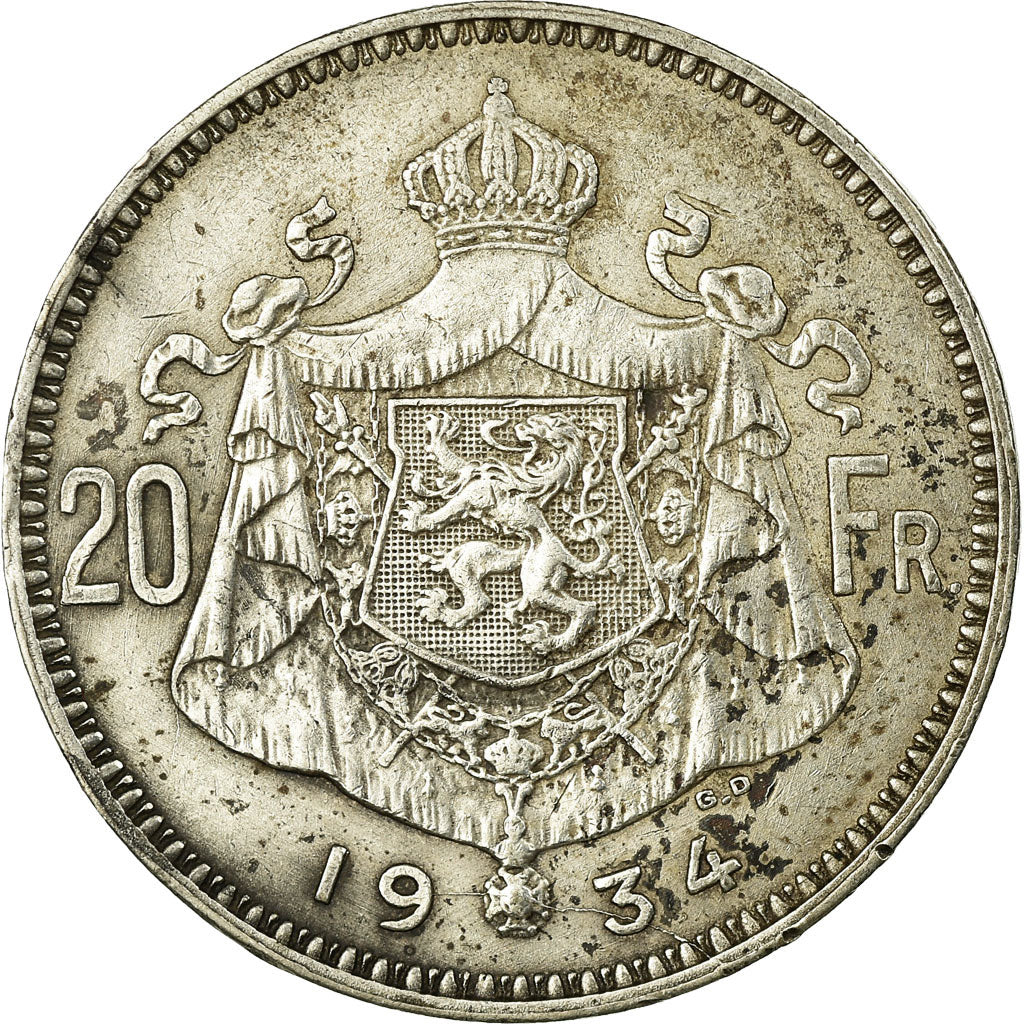 Coin, Belgium, 20 Francs, 20 Frank, 1934, EF(40-45), Silver, KM:104.1