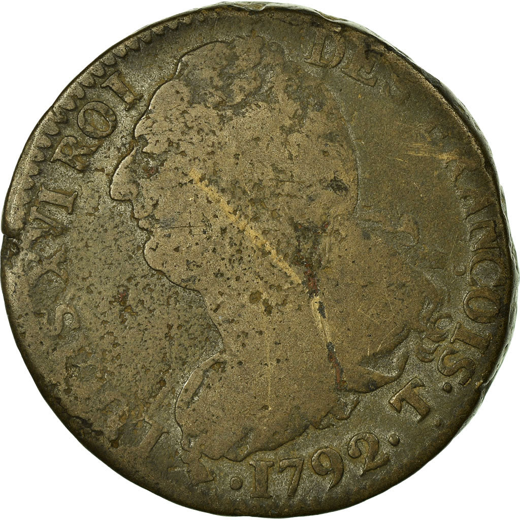 Coin, France, 2 sols françois,1792, Nantes, F(12-15), Bronze,KM 603.15