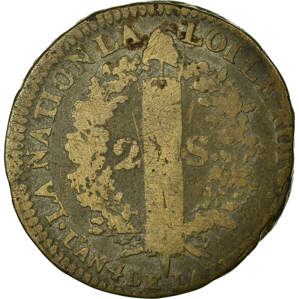 Coin, France, 2 sols françois,1792, Nantes, F(12-15), Bronze,KM 603.15