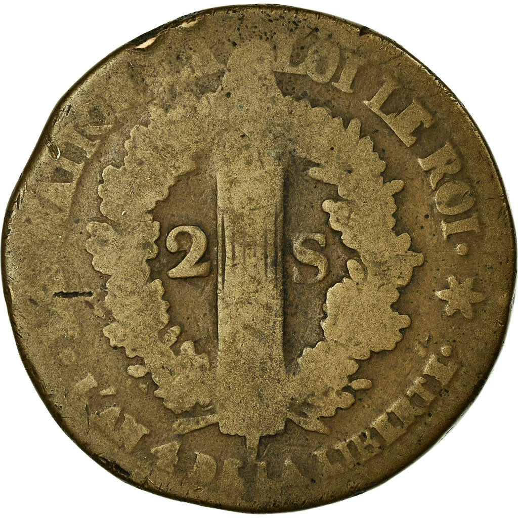 Moneta, Francja, 2 sols français, 2 Sols, 1792, Strasbourg, F(12-15), Bronze