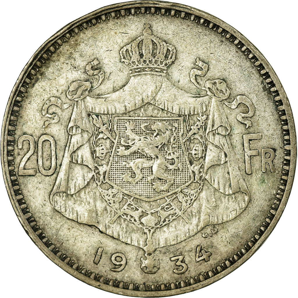Coin, Belgium, 20 Francs, 20 Frank, 1934, EF(40-45), Silver, KM:103.1