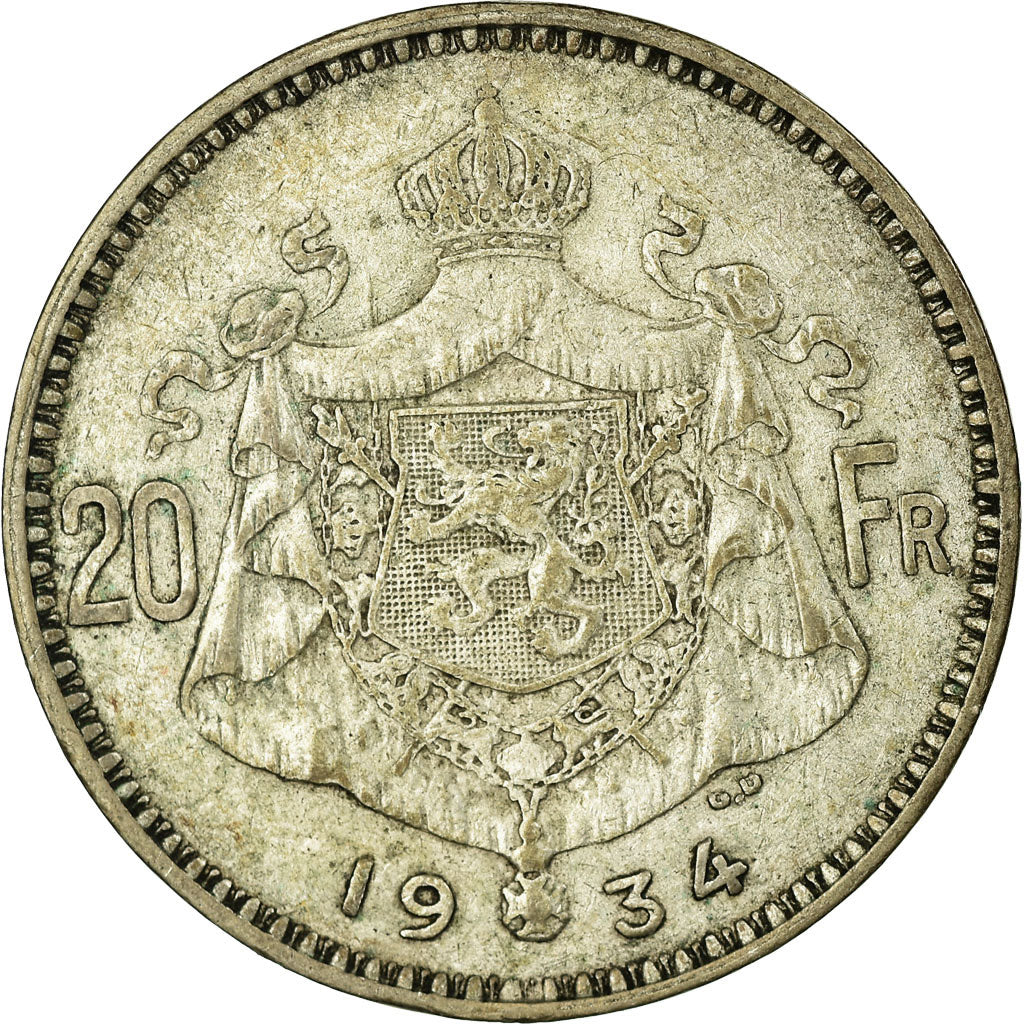 Coin, Belgium, 20 Francs, 20 Frank, 1934, EF(40-45), Silver, KM:103.1