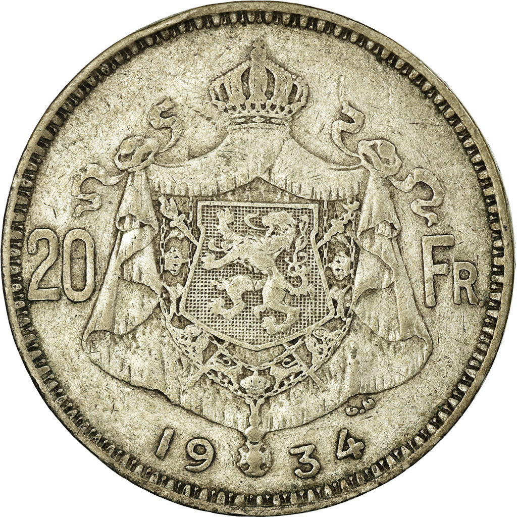 Coin, Belgium, 20 Francs, 20 Frank, 1934, EF(40-45), Silver, KM:103.1