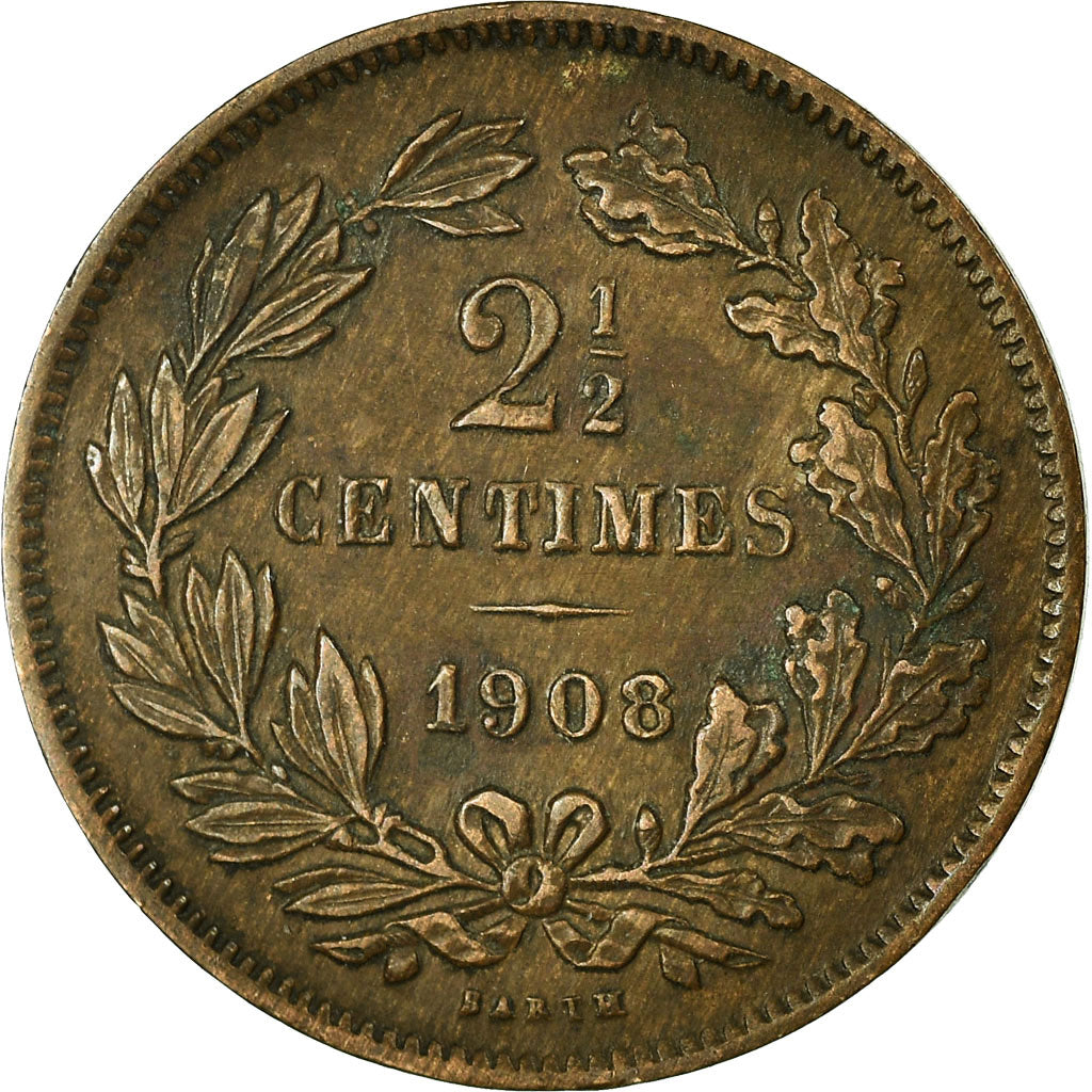 Coin, Luxembourg, William III,2-1/2 Centimes,1908,Utrecht,AU(50-53),Bronze,KM 21