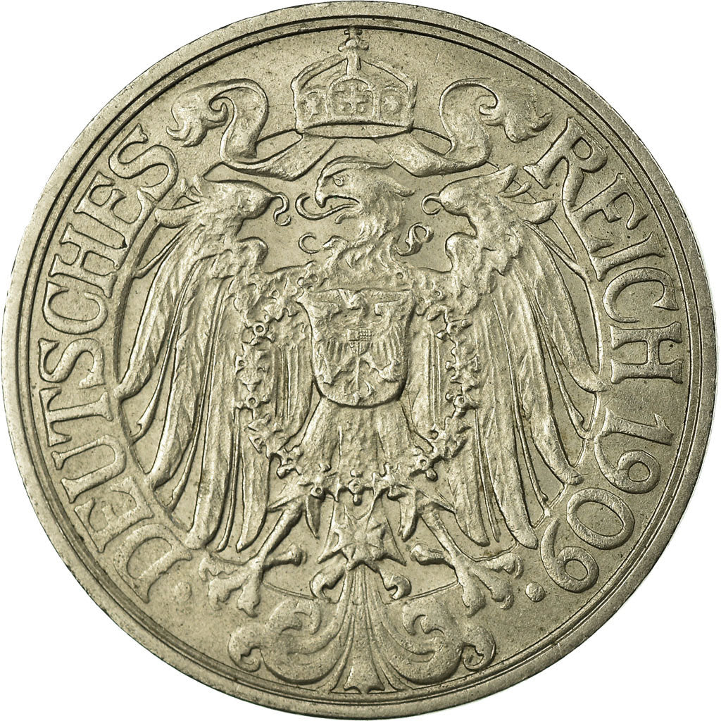 Coin, GERMANY - EMPIRE, Wilhelm II, 25 Pfennig, 1909, Stuttgart, EF(40-45),KM 18
