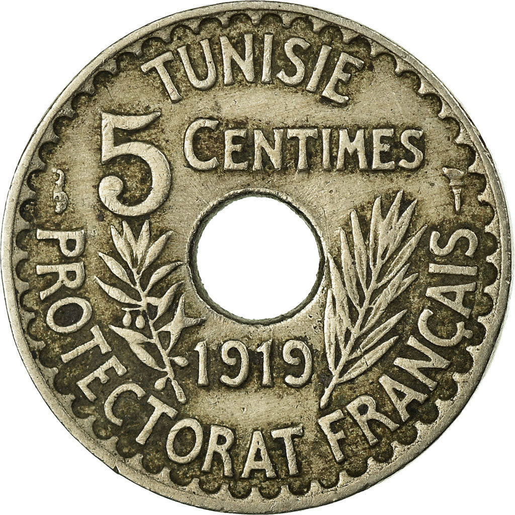 Coin, Tunisia, Muhammad al-Nasir Bey, 5 Centimes, 1919, Paris, EF(40-45),KM 242