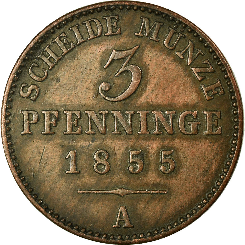 Coin, German States,PRUSSIA,Friedrich Wilhelm IV,3 Pfennig,1855,Berlin,EF(40-45)