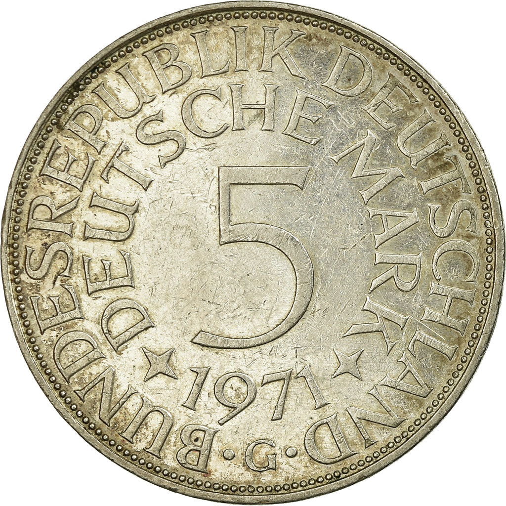 Moneda, ALEMANIA - REPÚBLICA FEDERAL, 5 Mark, 1971, Karlsruhe, MBC+, Plata