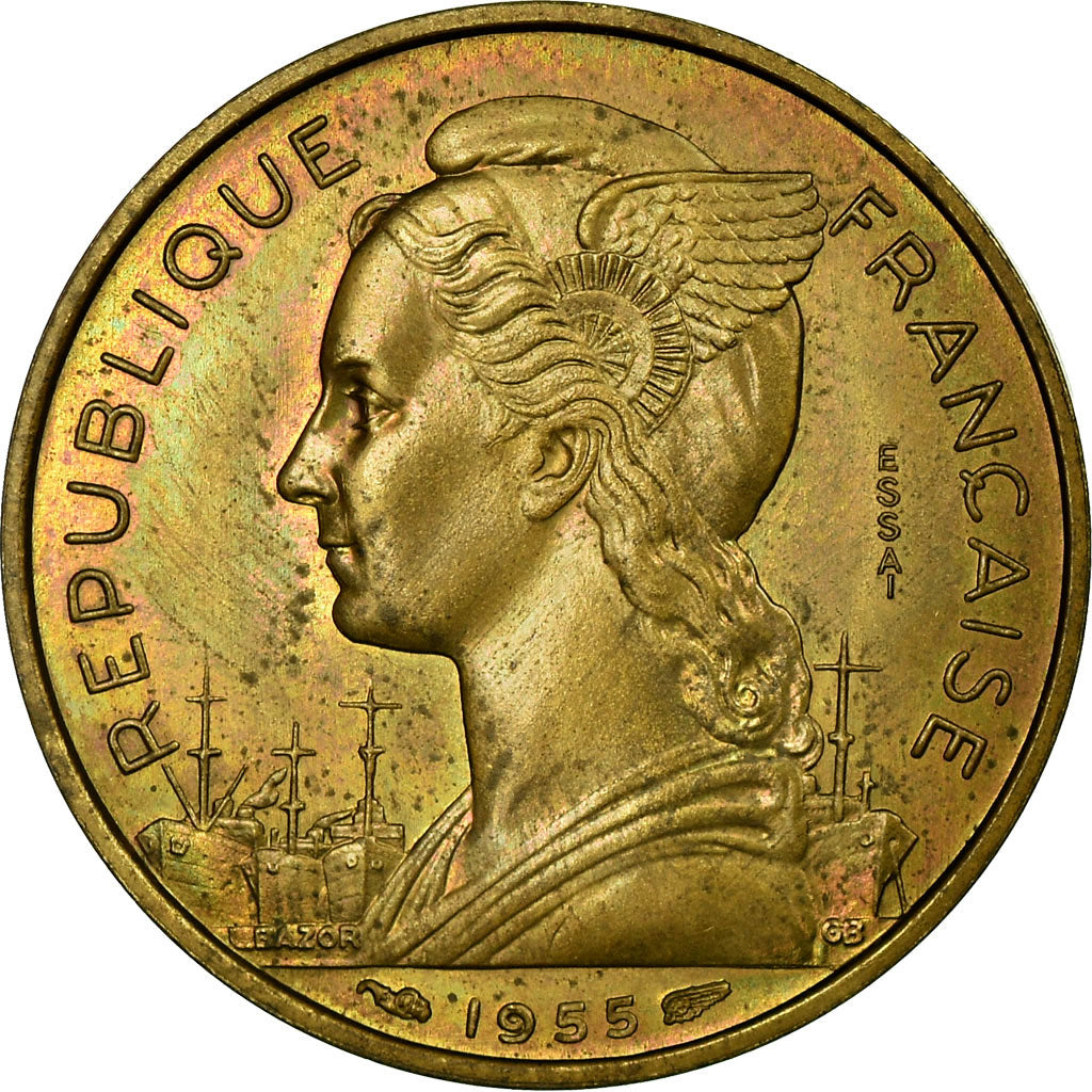 Coin, Réunion, 20 Francs, 1955, ESSAI, MS(65-70), Aluminum-Bronze, KM:E7