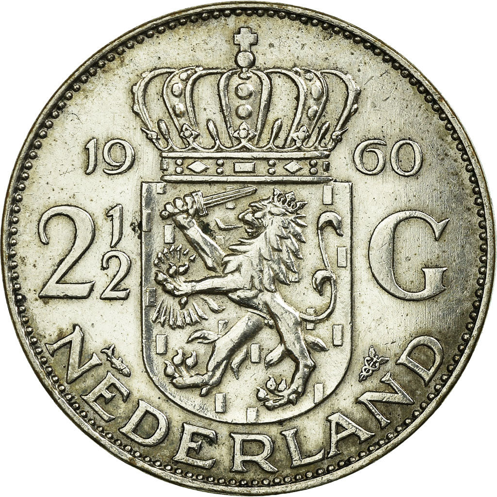 Coin, Netherlands, Juliana, 2-1/2 Gulden, 1960, AU(50-53), Silver, KM:185