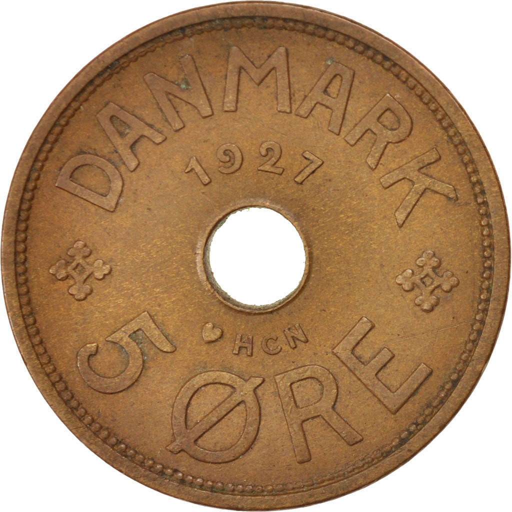 DENMARK, 5 Ore, 1927, Copenhagen, KM #828.1, EF(40-45), Bronze, 27.4, 7.77