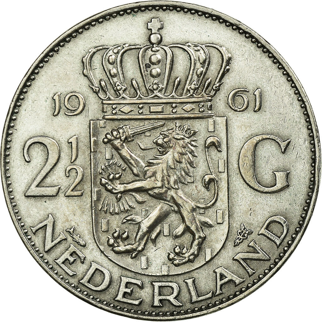 Coin, Netherlands, Juliana, 2-1/2 Gulden, 1961, AU(50-53), Silver, KM:185