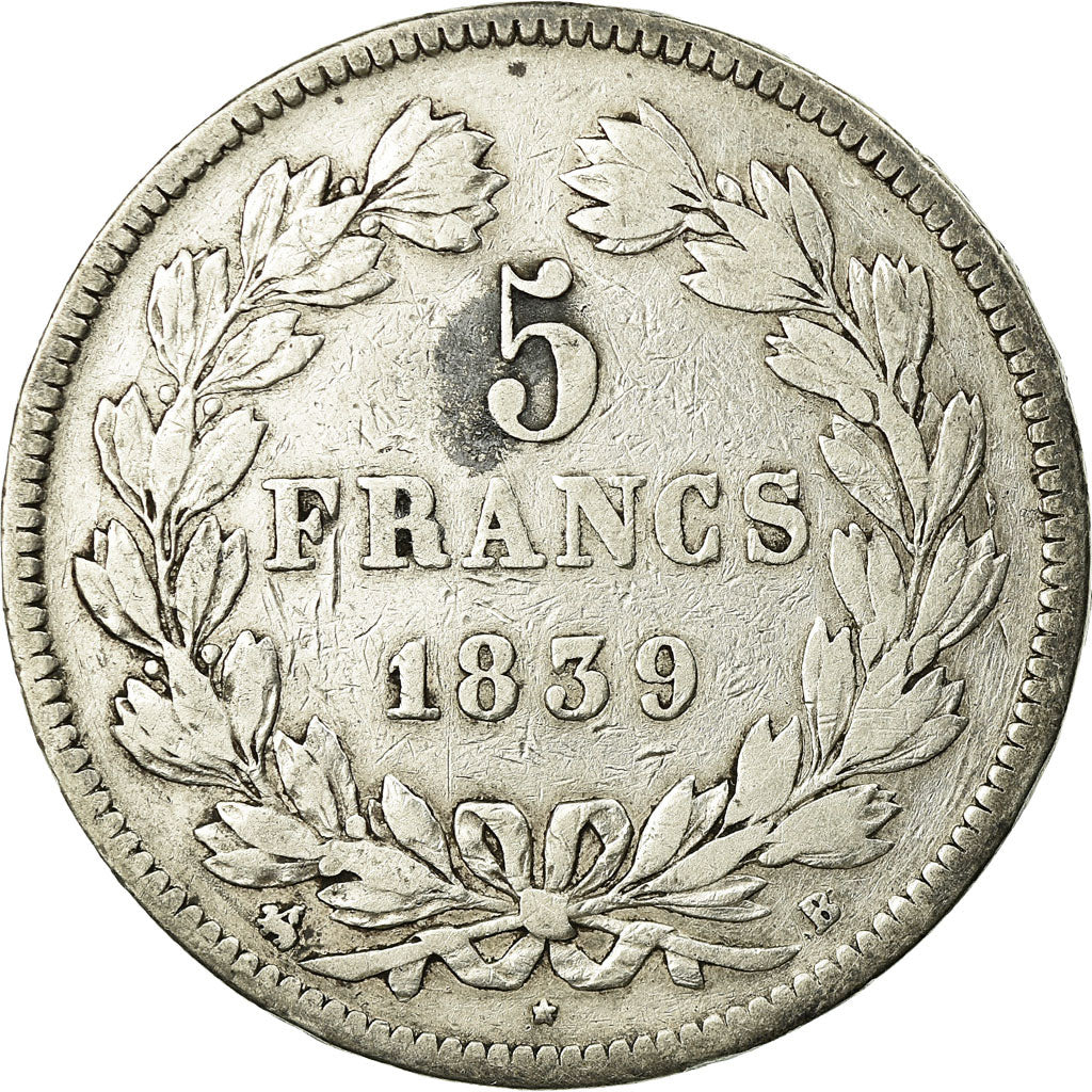 Munten, Frankrijk, Louis-Philippe, 5 Francs, 1839, Rouen, FR+, Zilver, KM:749.2