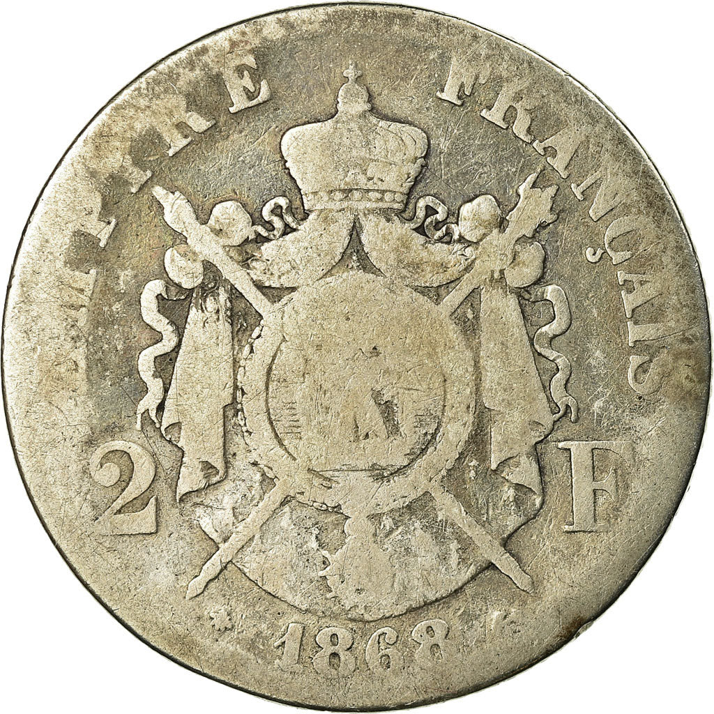 Moeda, França, Napoleon III, 2 Francs, 1868, Paris, F(12-15), KM 807.1