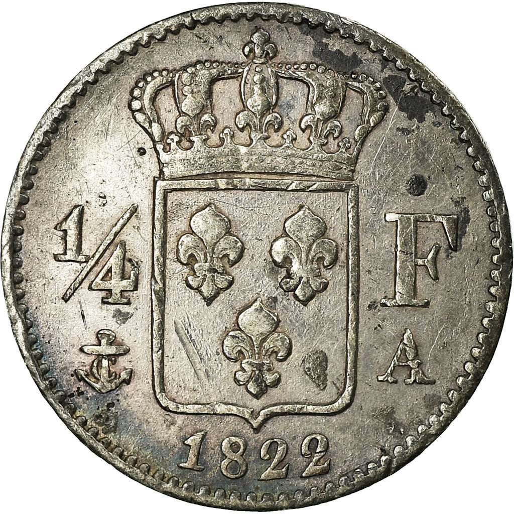 Munten, Frankrijk, Louis XVIII,1/4 Franc, 1822, Paris, ZF+, KM 714.1