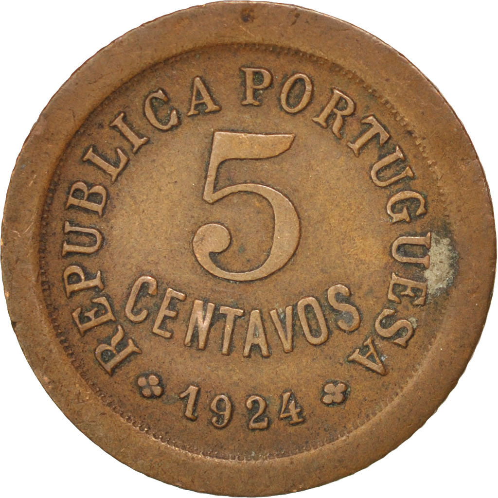 PORTUGAL, 5 Centavos, 1924, KM #572, EF(40-45), Bronze, 2.84