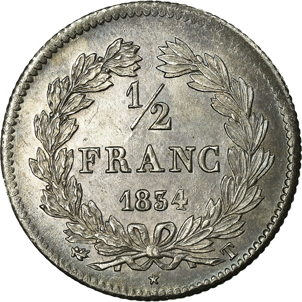 Moneta, Francja, Louis-Philippe, 1/2 Franc, 1834, Nantes, AU(50-53), Srebro