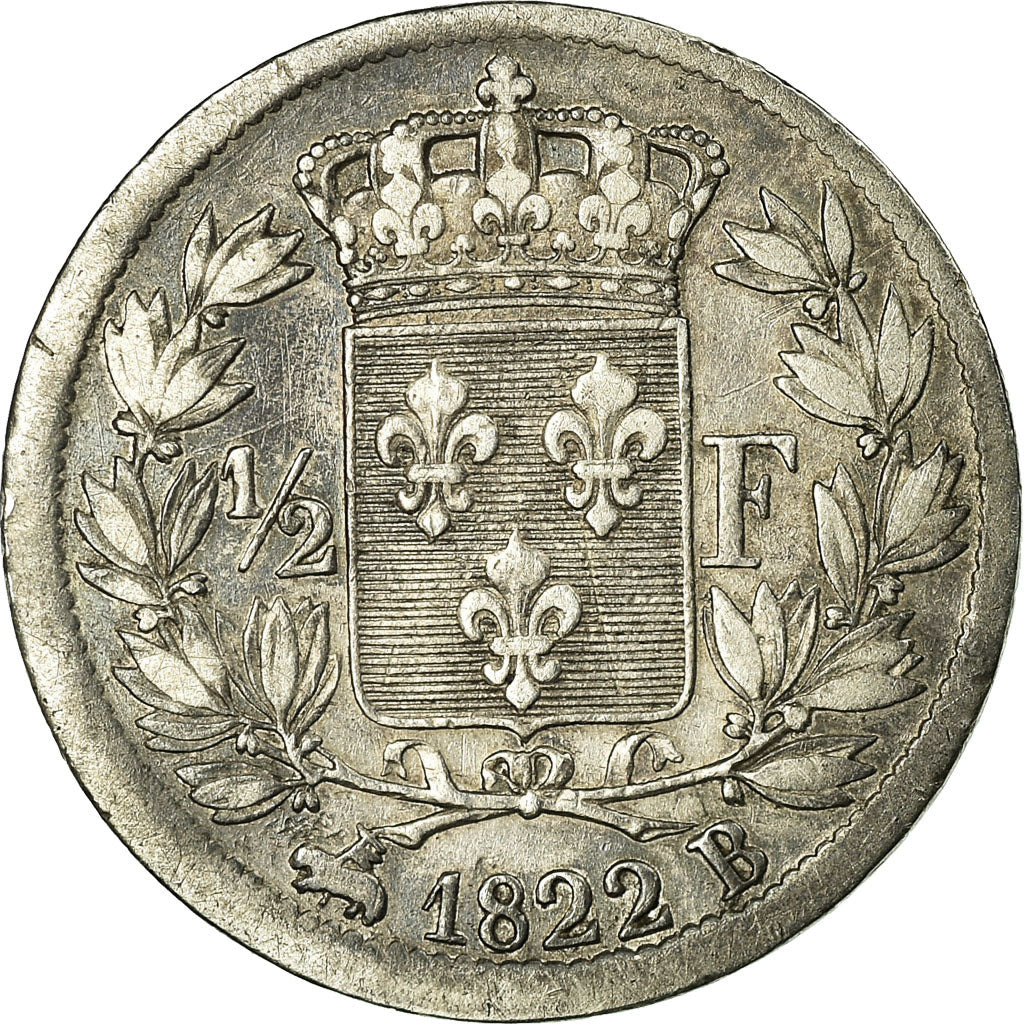 Münze, Frankreich, Louis XVIII, 1/2 Franc, 1822, Rouen, S+, Silber, KML 708.2