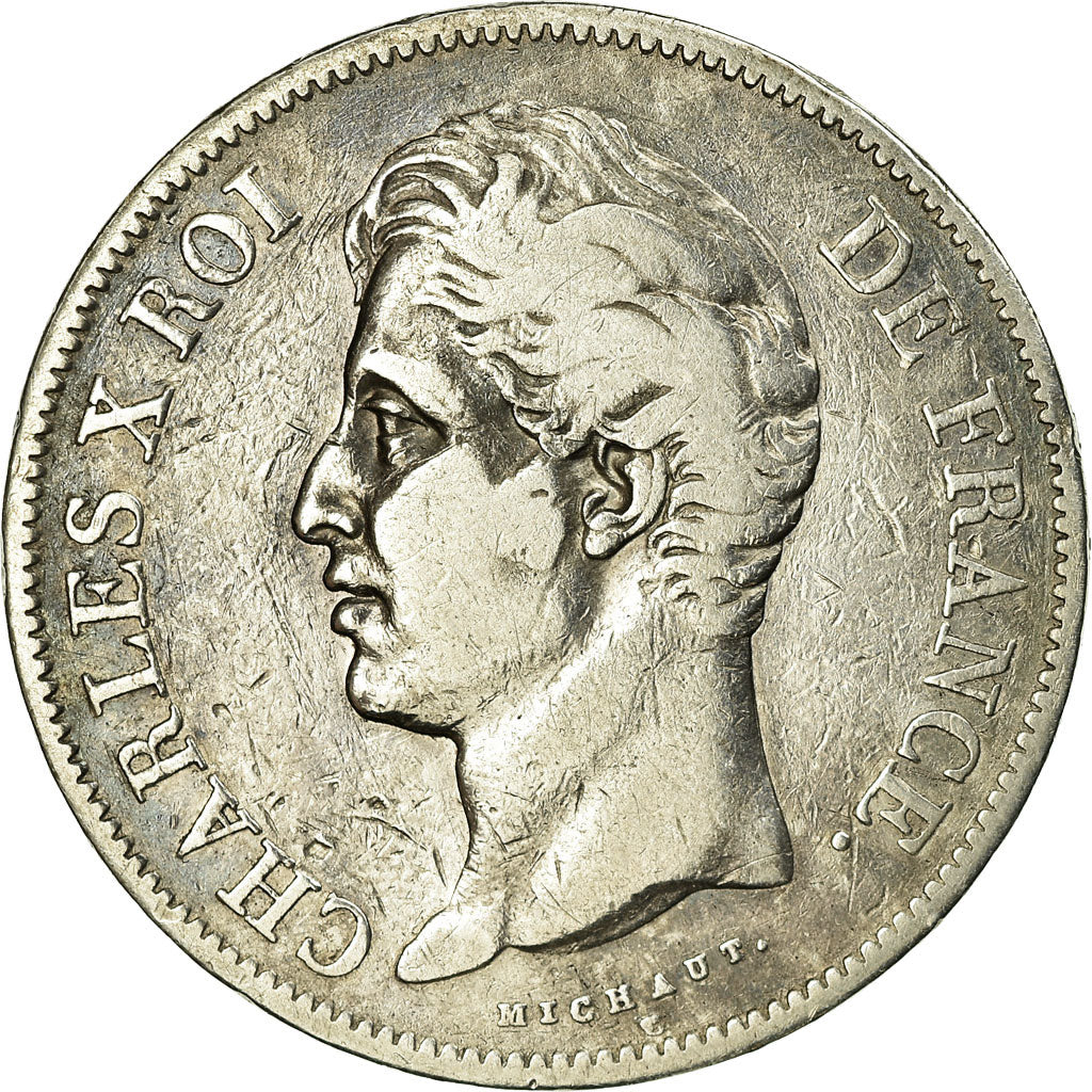 Moeda, França, Charles X, 5 Francs, 1827, Lille, EF(40-45), Prata, KM:728.13