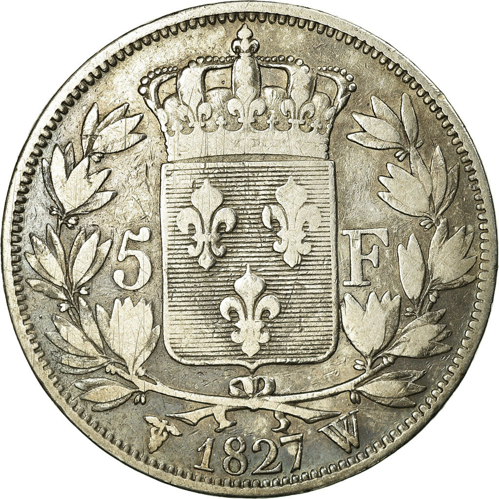 Moeda, França, Charles X, 5 Francs, 1827, Lille, EF(40-45), Prata, KM:728.13