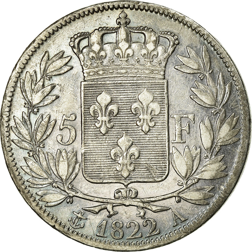 Moneta, Francia, Louis XVIII, 5 Francs, 1822, Paris, BB, Argento, KM 711.1