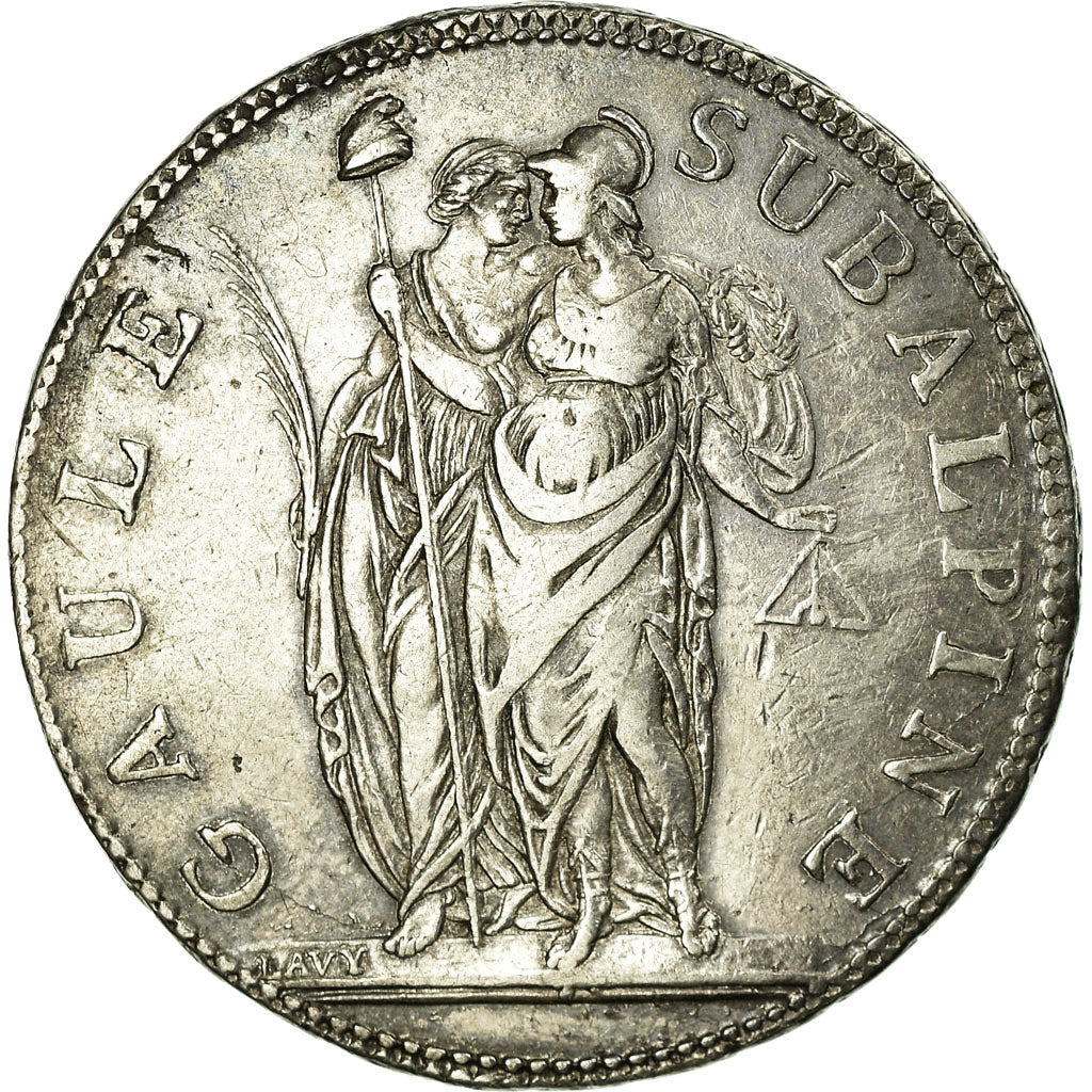 Coin, ITALIAN STATES, PIEDMONT REPUBLIC, 5 Francs, 1801, EF(40-45), Silver, KM:4