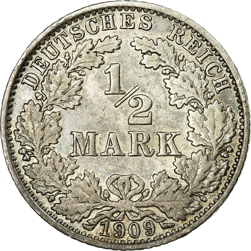 Coin, GERMANY - EMPIRE, 1/2 Mark, 1909, Berlin, EF(40-45), Silver, KM:17