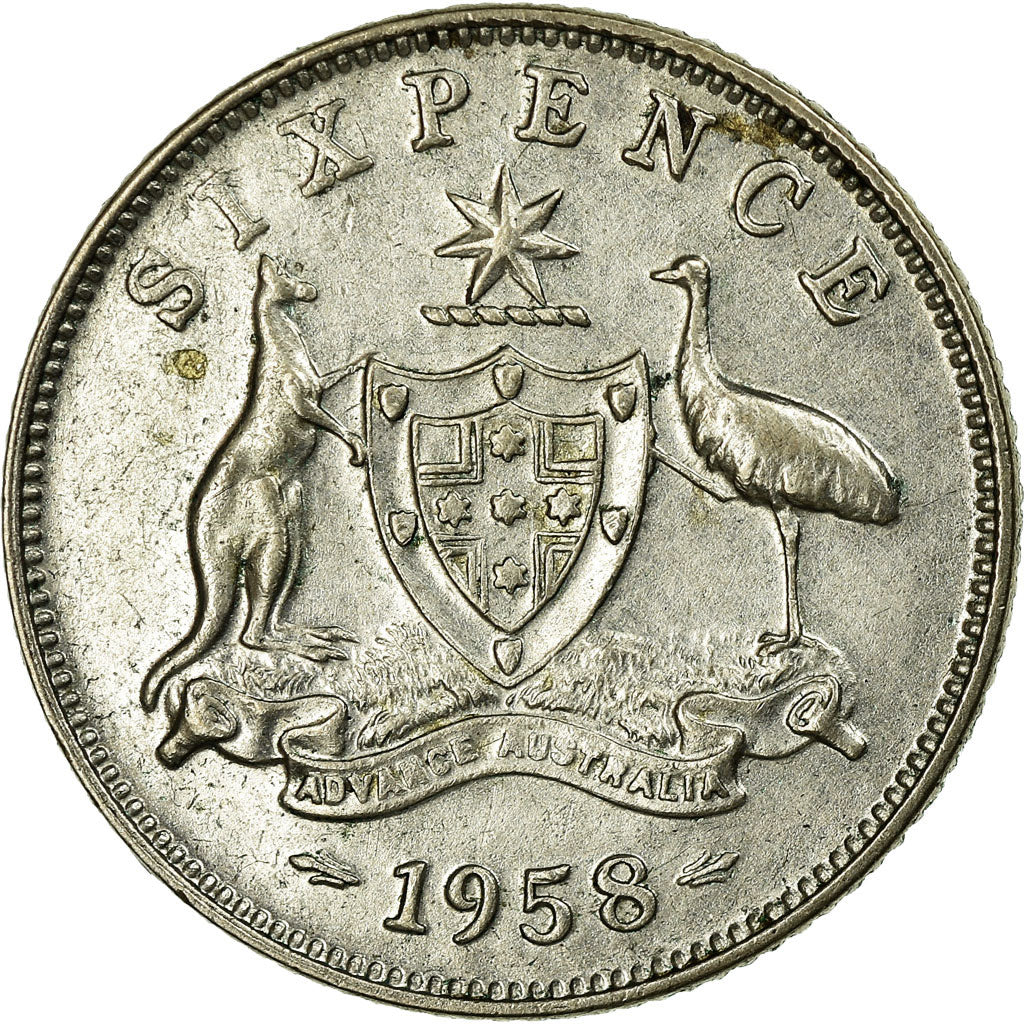 Coin, Australia, Elizabeth II, Sixpence, 1958, Melbourne, AU(50-53),Silver,KM 58