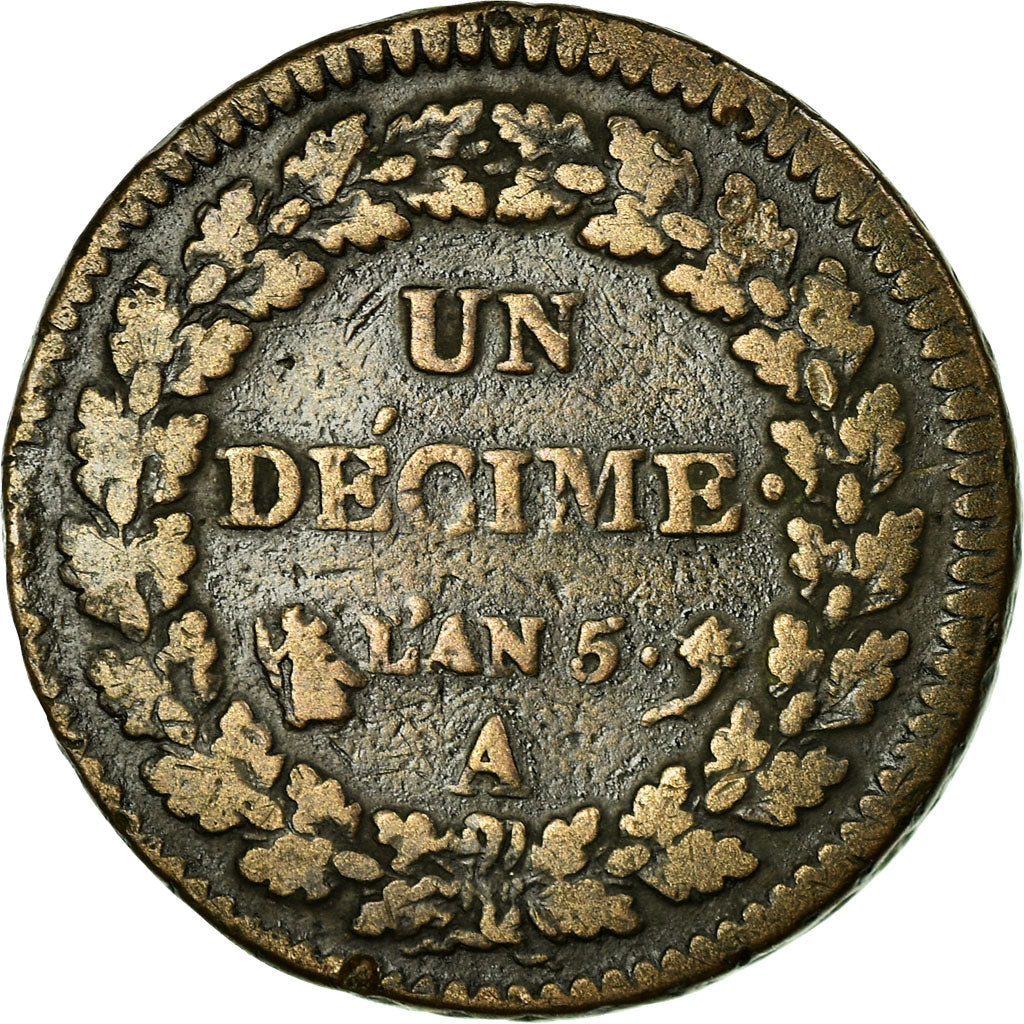 Moneta, Francia, Dupré, Decime, 1796, Paris, MB+, Bronzo, KM:645.1, Gadoury:187